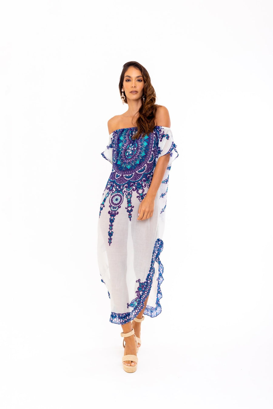 Delphine Blue off the shoulder caftan - SOAH